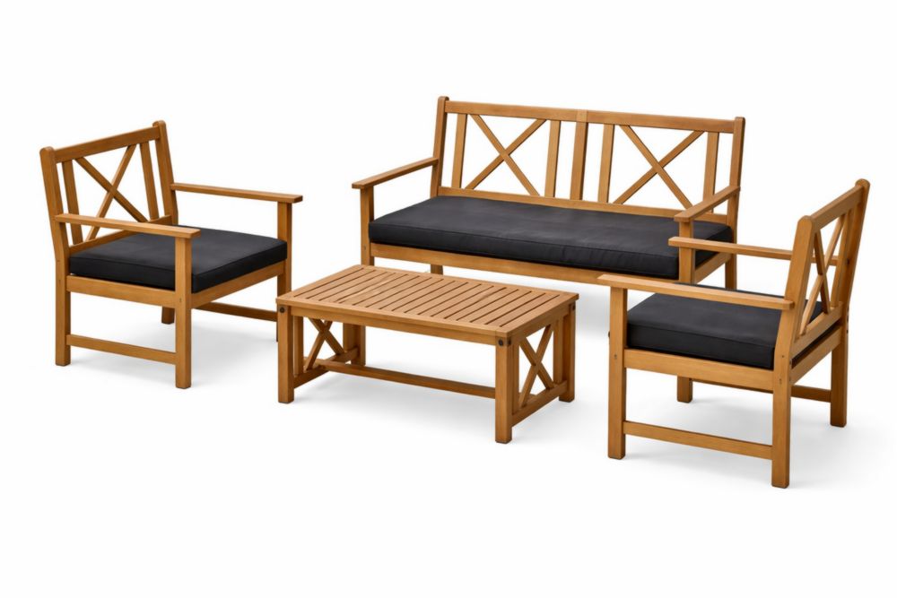 Ensemble de salon extérieur en bois massif  avec coussins noirs
