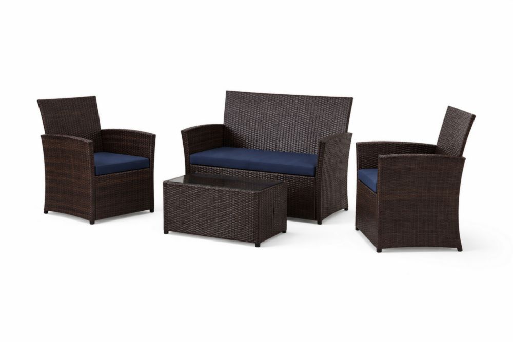 Ensemble de Mobilier de Jardin en Résine Tressée Marron avec Coussins Bleus