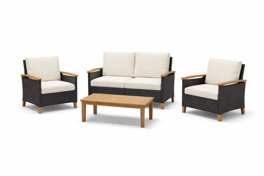 Ensemble de Salon de Jardin en Rotin avec Coussins Crème et Bois d'Acacia