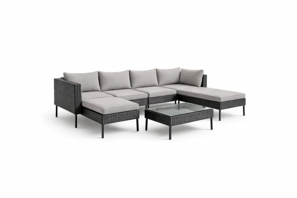 Ensemble de Jardin en Résine Tressée Noir/Gris avec Coussins en Polyester et Table en Verre Trempé