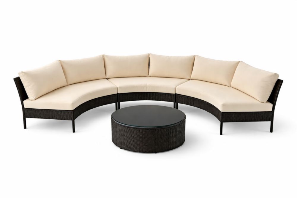 Canapé d'angle en résine tressée Noir crème avec table basse en verre trempé