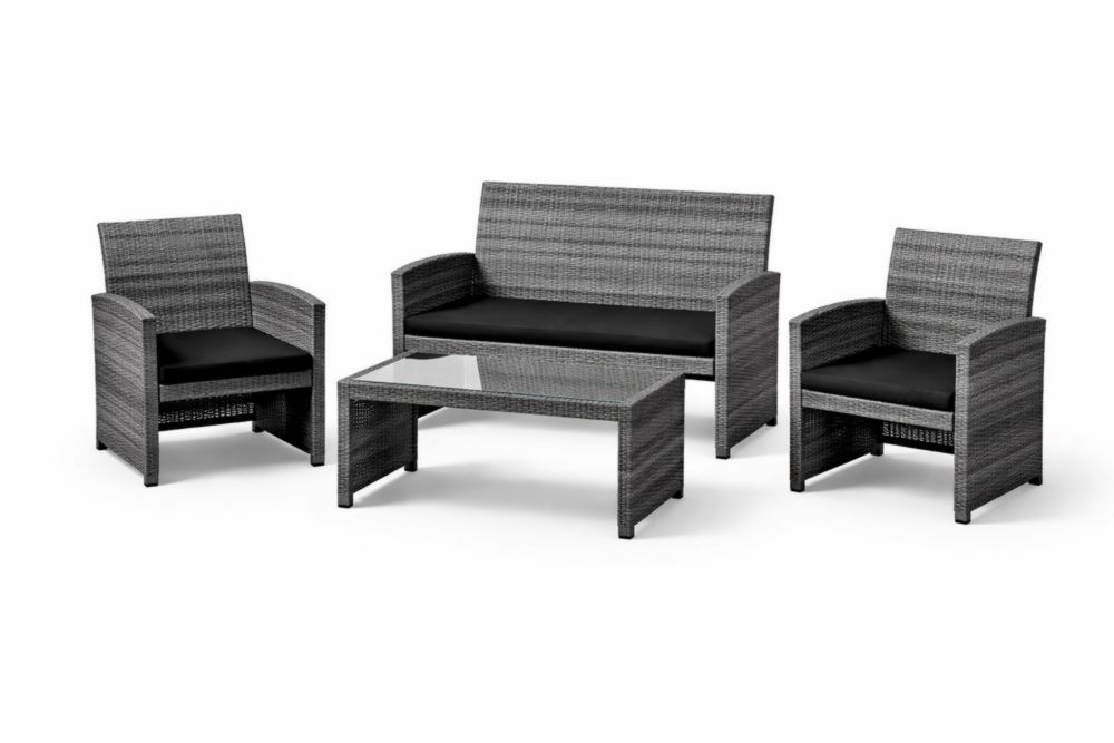 Ensemble de jardin en résine tressée avec coussins en polyester et table basse en verre