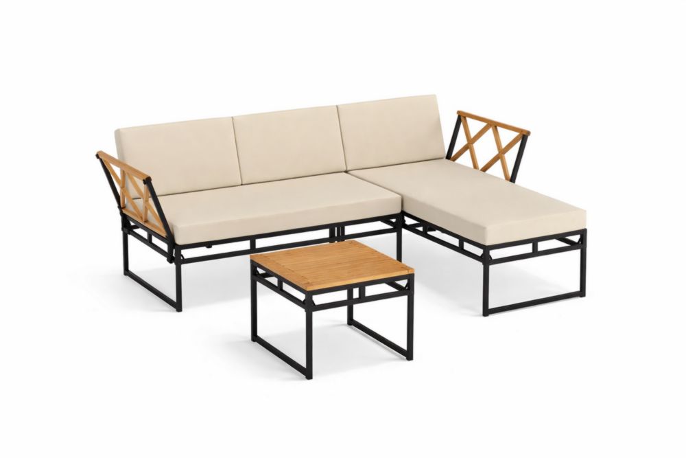 Ensemble de Canapés d'Angle en Acier et teck avec Coussins Beige