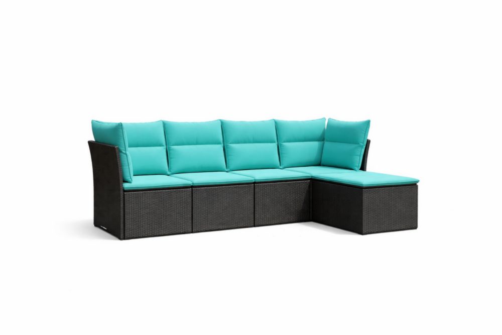 Canapé d'angle extérieur en rotin noir avec coussins turquoise