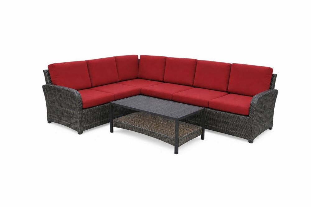 Salon de Jardin en Résine Tressée avec Coussins Rouges et Table Rectangulaire