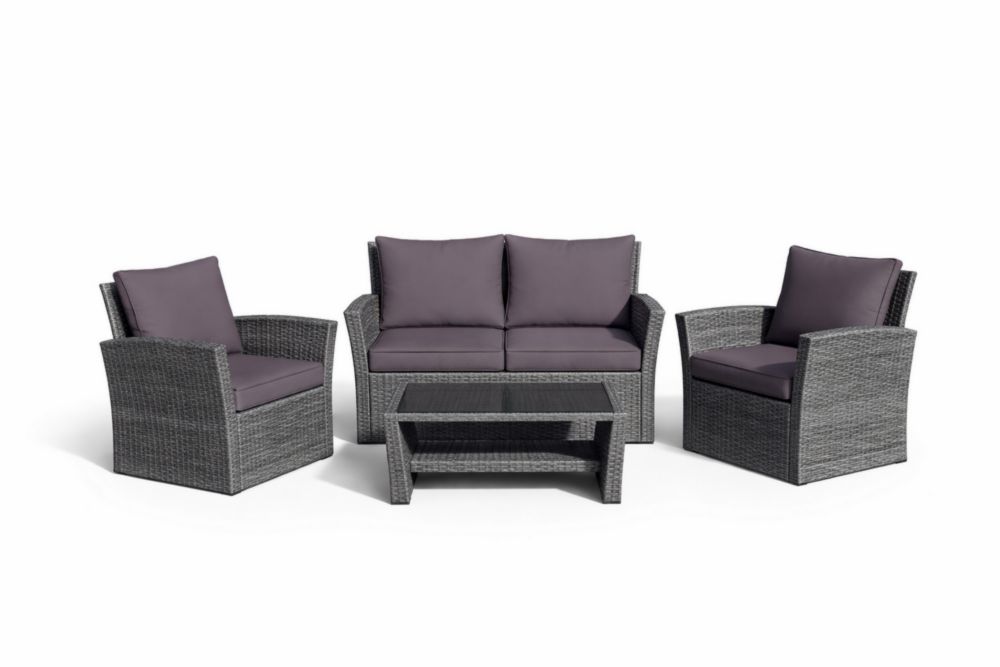 Ensemble de jardin en résine tressée gris avec coussins violets