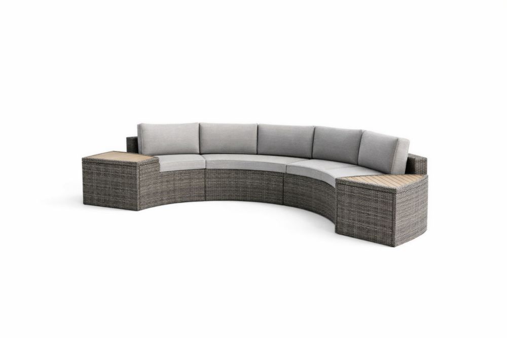 Ensemble canapé extérieur demi-circulaire rotin synthétique coussins gris