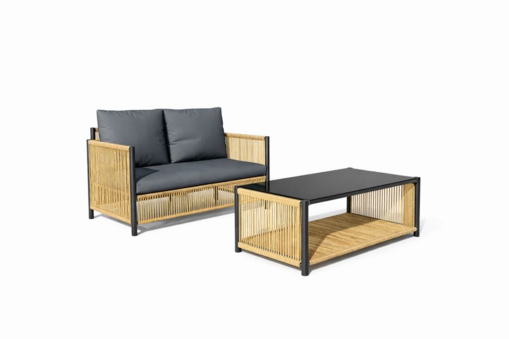 Ensemble de Salon en Rotin Synthétique et Aluminium avec Table Basse Noire