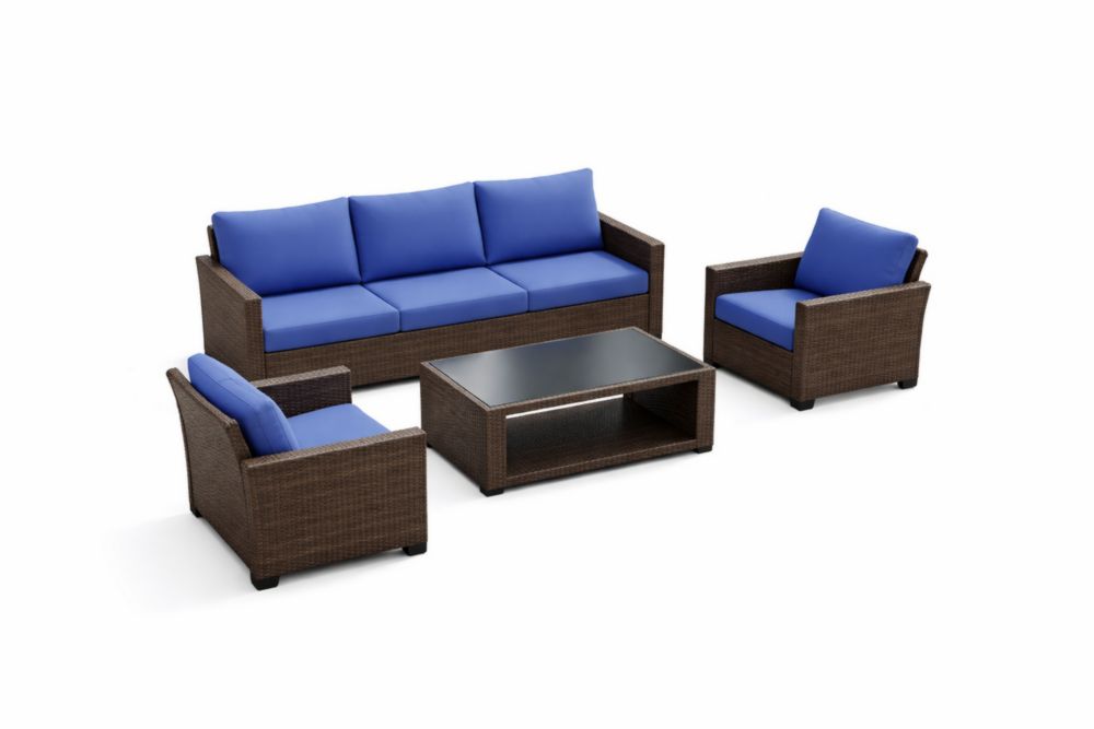 Ensemble de Salon en Rotin Marron avec Coussins Bleus