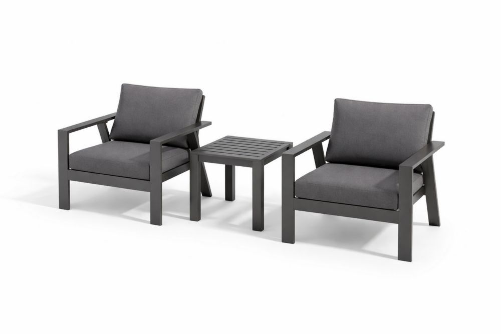 Ensemble de fauteuils et table basse en aluminium gris coussins polyester