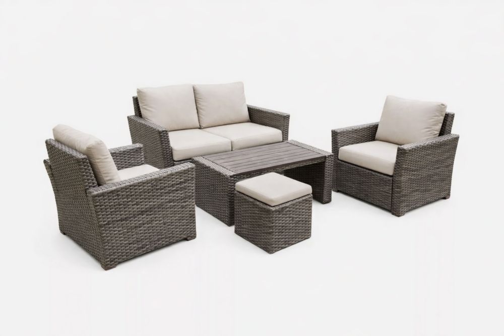 Ensemble de jardin en résine tressée gris avec coussins beiges