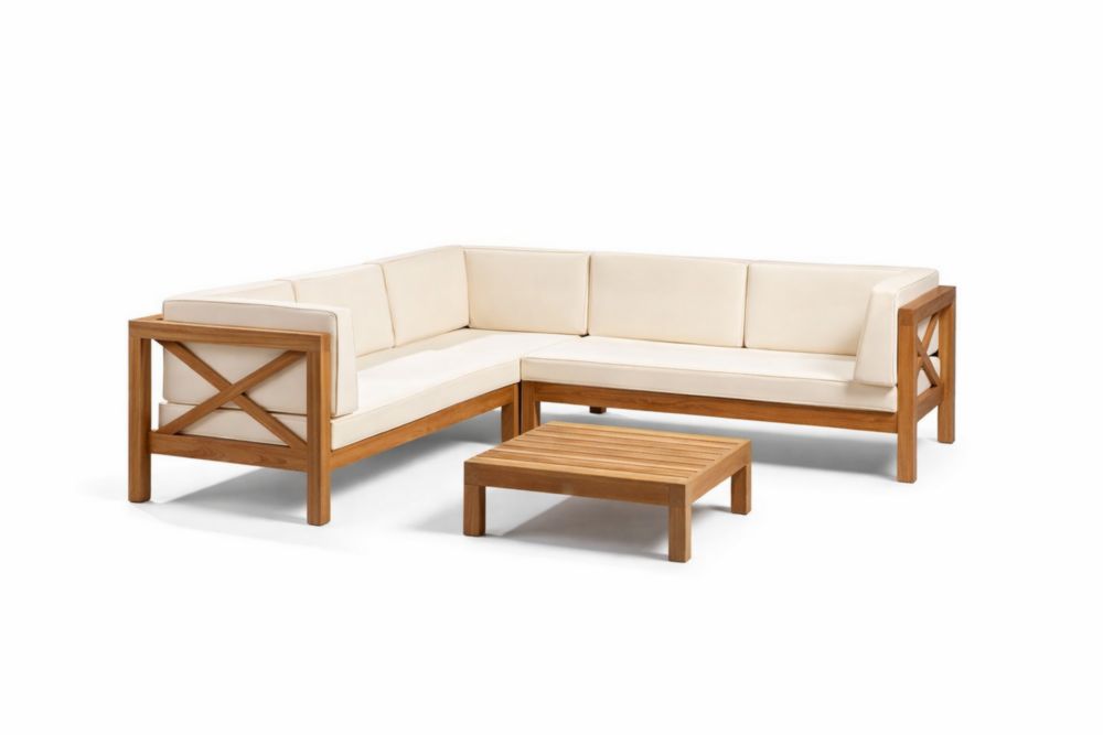 Ensemble de salon d'angle en bois d'acacia avec table basse et coussins crème