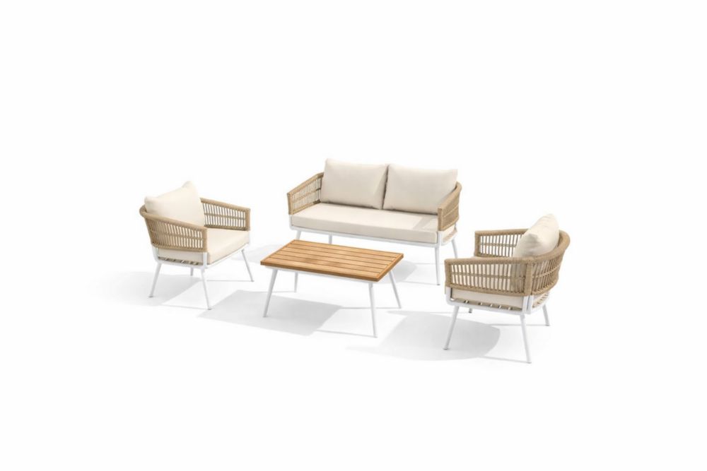 Ensemble de Salon de Jardin Aluminium Coussin Polyester Beige Table Bois Acacia