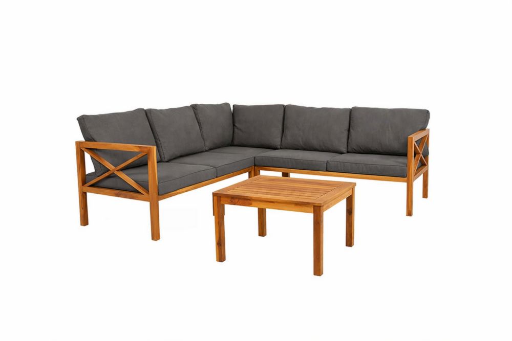 Ensemble de canapé d'angle en bois d'acacia avec coussins en polyester gris