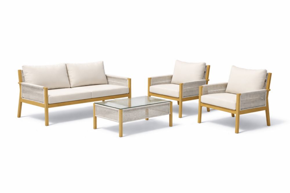 Ensemble de Salon de Jardin en Bois et Résine avec Plateau en Verre