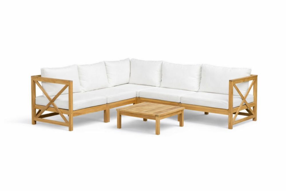 Ensemble salon de jardin en bois avec coussins blancs