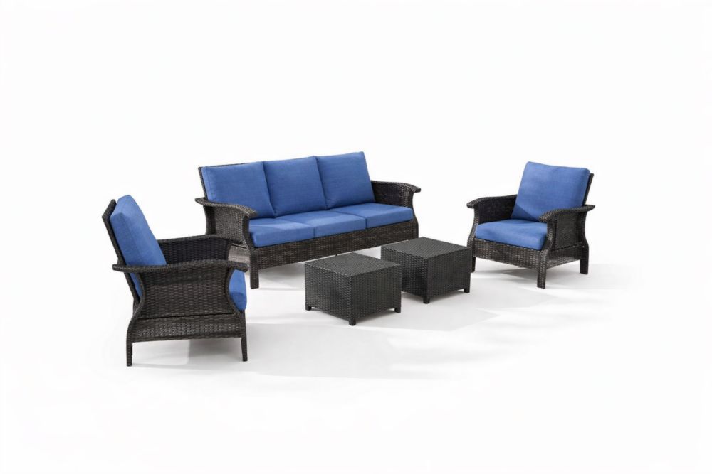 Ensemble de salon de jardin en rotin synthétique marron coussins bleu