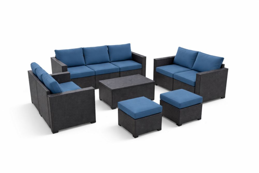 Ensemble de Salon de Jardin en Résine Tressée avec Coussins Bleu