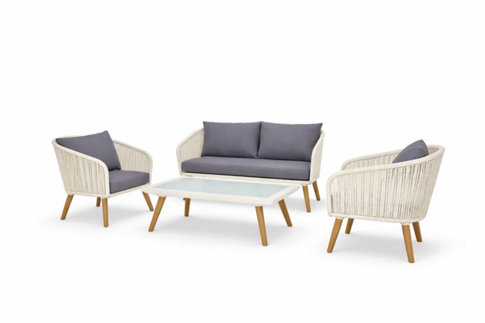 Salon de jardin en rotin synthétique avec coussins gris et table en verre