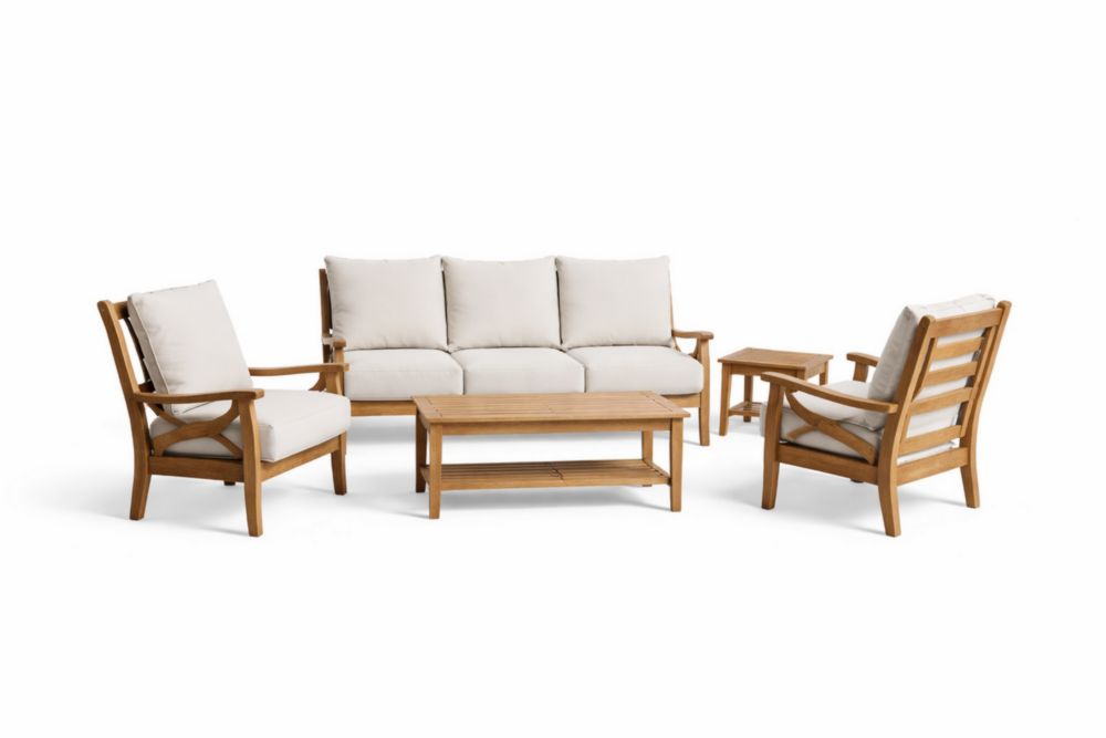 Ensemble Salon de Jardin en Bois d'Acacia avec Coussins en Polyester Beige