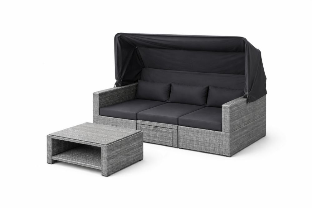 Ensemble Canapé de Jardin en Résine Tressée Gris avec Table Basse et Pare-Soleil