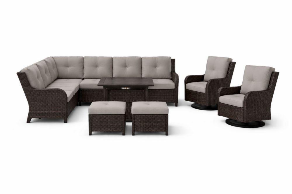 Ensemble de salon de jardin en résine tressée avec coussins gris et table rectangulaire