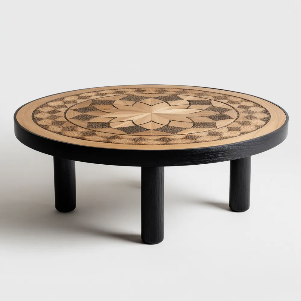 Runder Couchtisch 90x90x35 cm - Künstliches Design - Schwarz/Natur