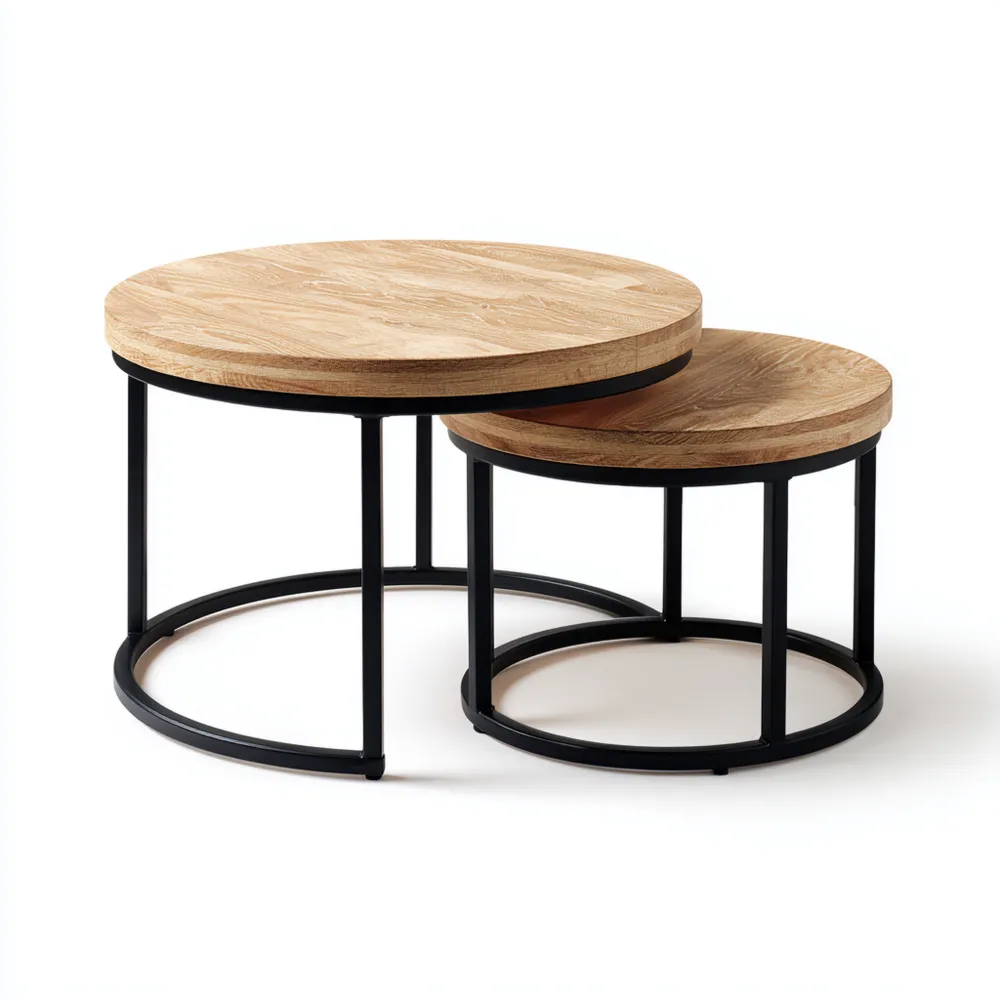 Couchtisch Set Rund Holz 60x60x45 cm – Natur – Industrieller Stil