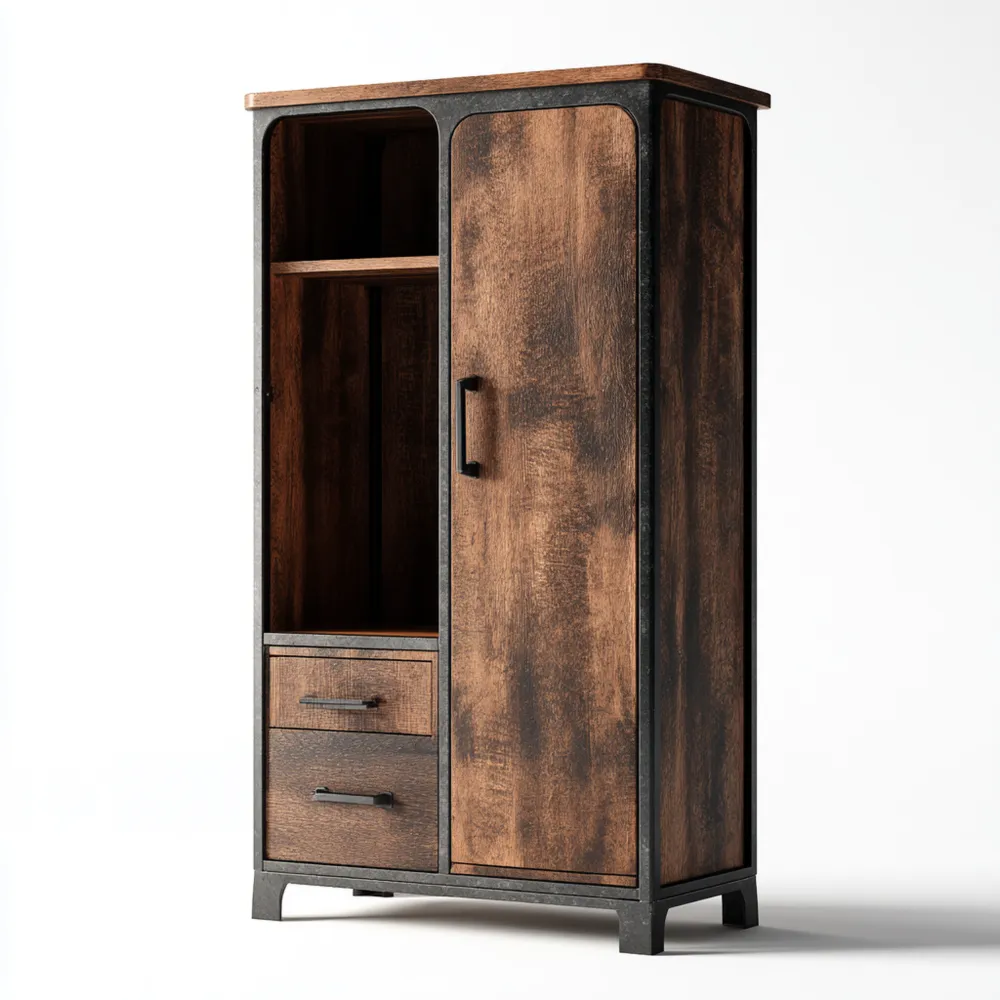 Kleiderschrank Holz-Metall-Kombination 120x50x200 cm – Dunkelbraun – Industrieller Stil