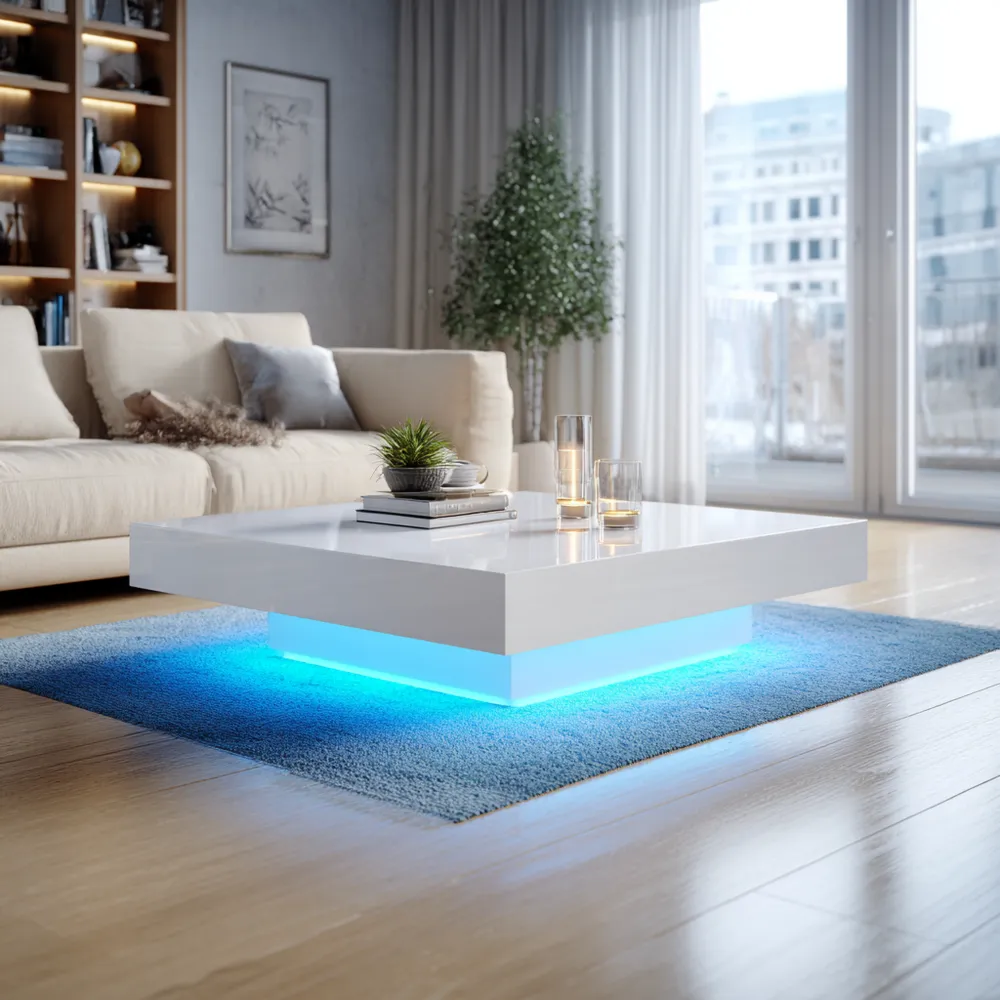 Couchtisch 100x100x35 cm - Hochglanz Weiß - LED-Beleuchtung