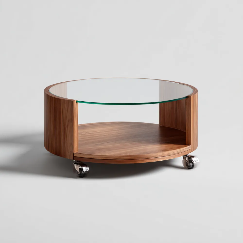 Runder Couchtisch 80x80x40 cm Glasplatte Holzoptik auf Rollen - Modernes Design