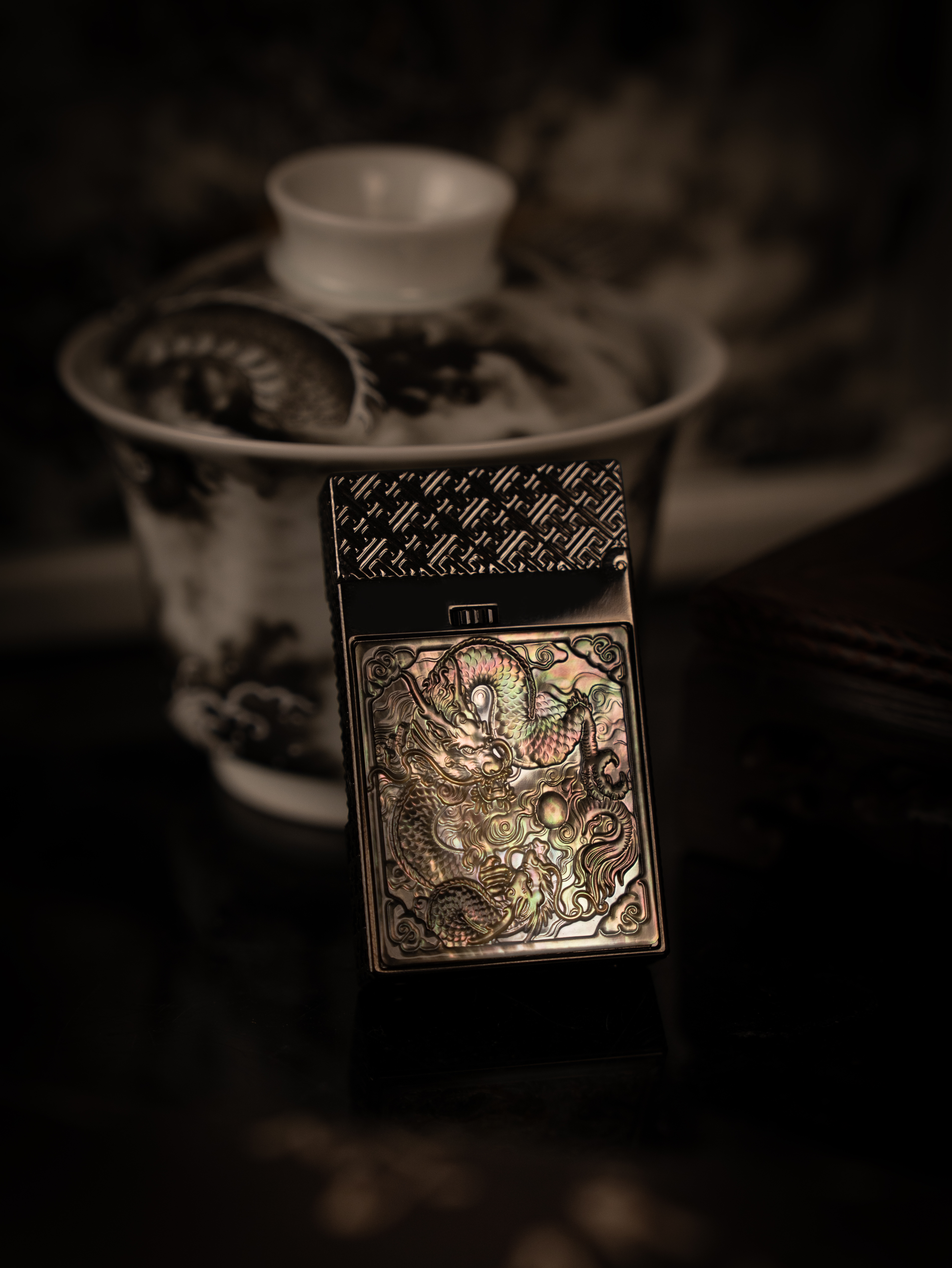 BUNCH "INK DRAGON - TWIN DRAGONS & PEARL" | 3D High-Relief Mother of Pearl | Mystical Shadow Art | Solid Integrated Brass Core