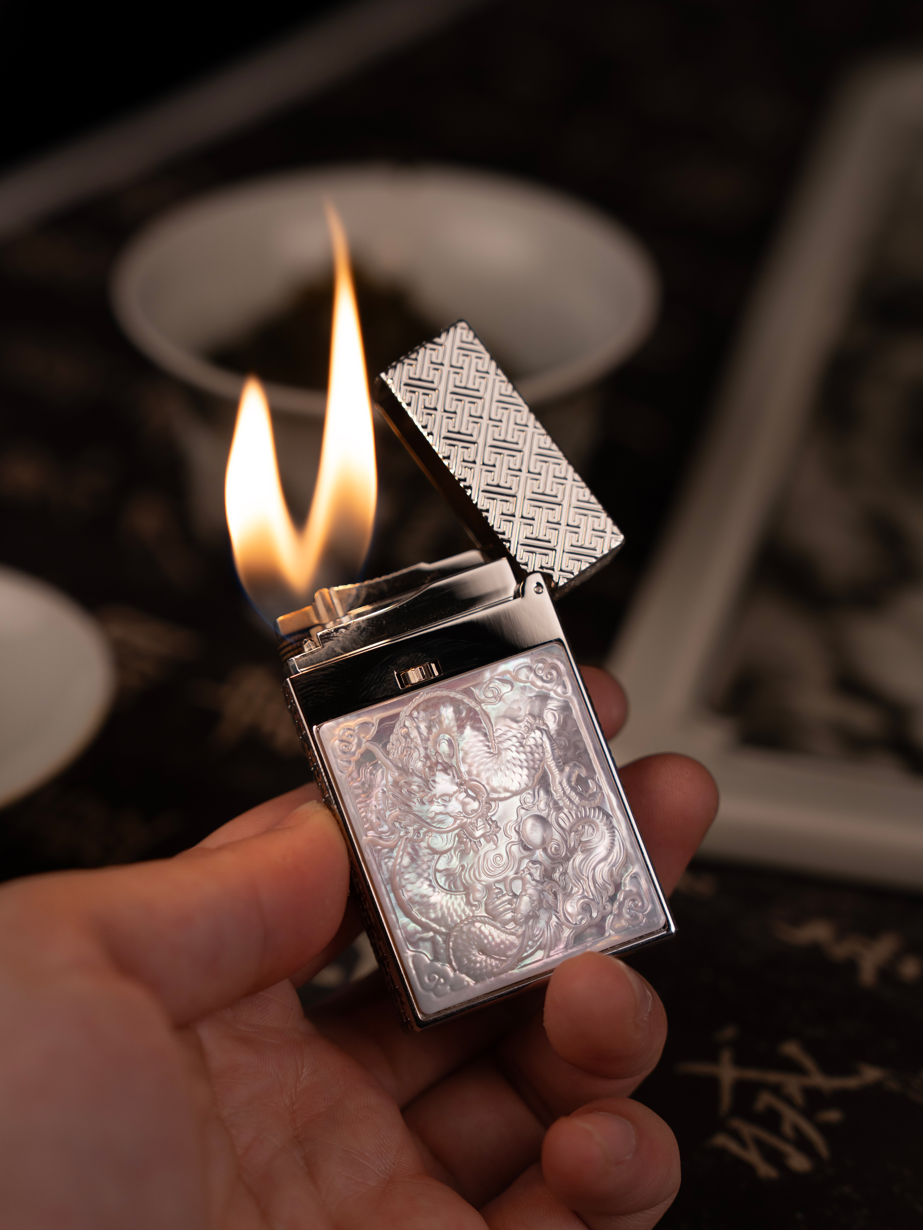 BUNCH "INK DRAGON - TWIN DRAGONS & PEARL" | 3D High-Relief Mother of Pearl | Mystical Shadow Art | Solid Integrated Brass Core