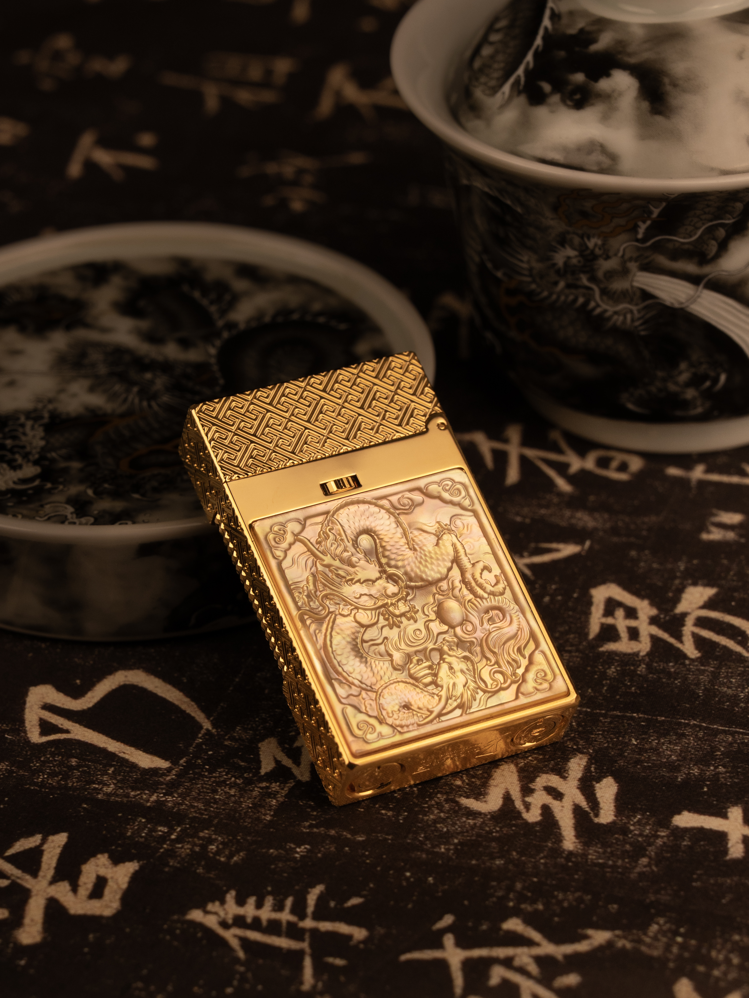 BUNCH "INK DRAGON - TWIN DRAGONS & PEARL" | 3D High-Relief Mother of Pearl | Mystical Shadow Art | Solid Integrated Brass Core