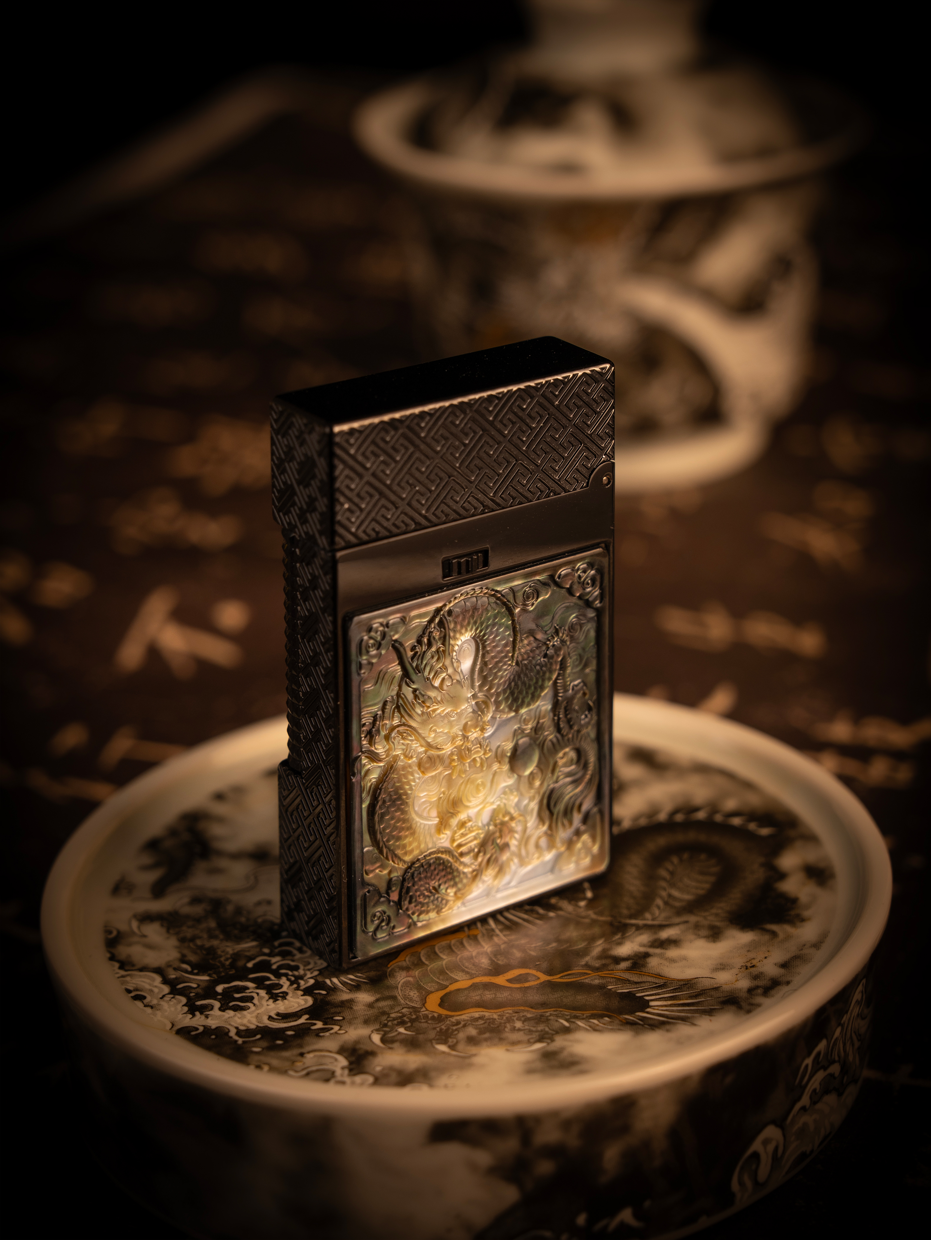 BUNCH "INK DRAGON - TWIN DRAGONS & PEARL" | 3D High-Relief Mother of Pearl | Mystical Shadow Art | Solid Integrated Brass Core