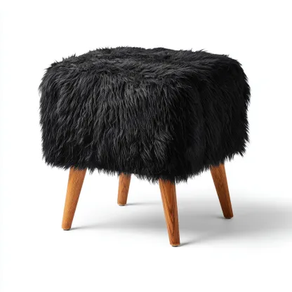 Pouf - fourrure synthétique-bois - 42x42x45 cm - noir - style nordique-Casagetlab