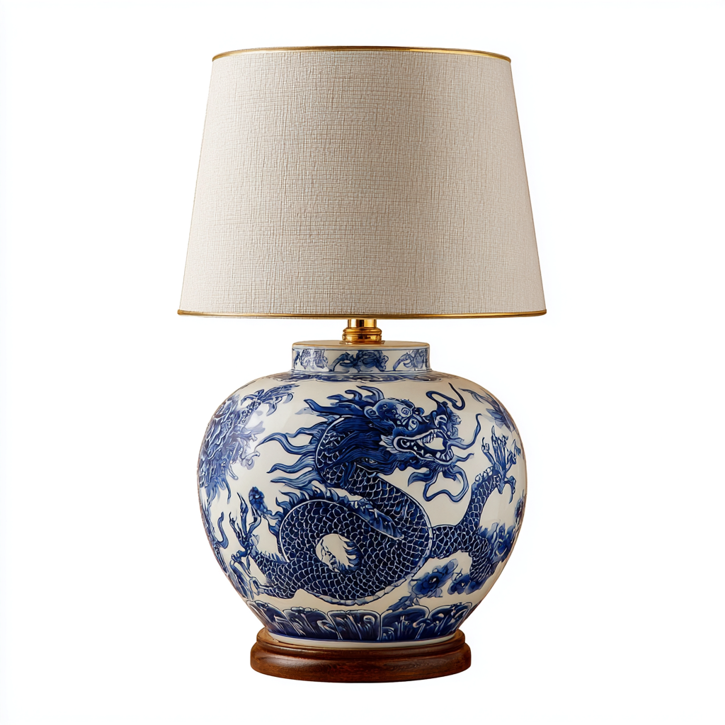 Lampe de table - céramique-lin - 35x35x55 cm - bleu-blanc - style oriental-Casagetlab