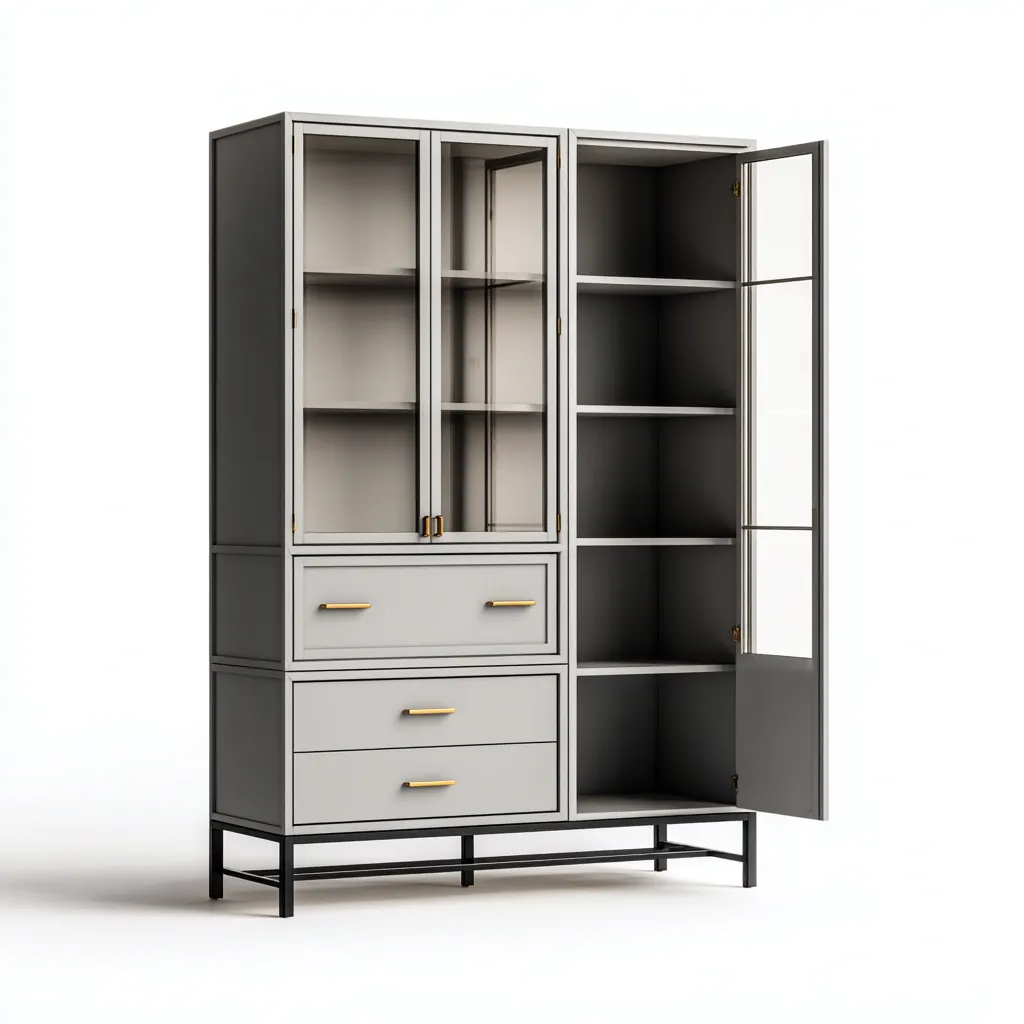 Vitrine-bois-verre-métal-110x40x195 cm-gris-design moderne-Casagetlab