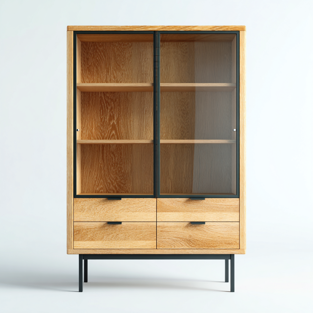 Vitrine-bois-verre-métal-90x40x160 cm-chêne-noir-style moderne-Casagetlab