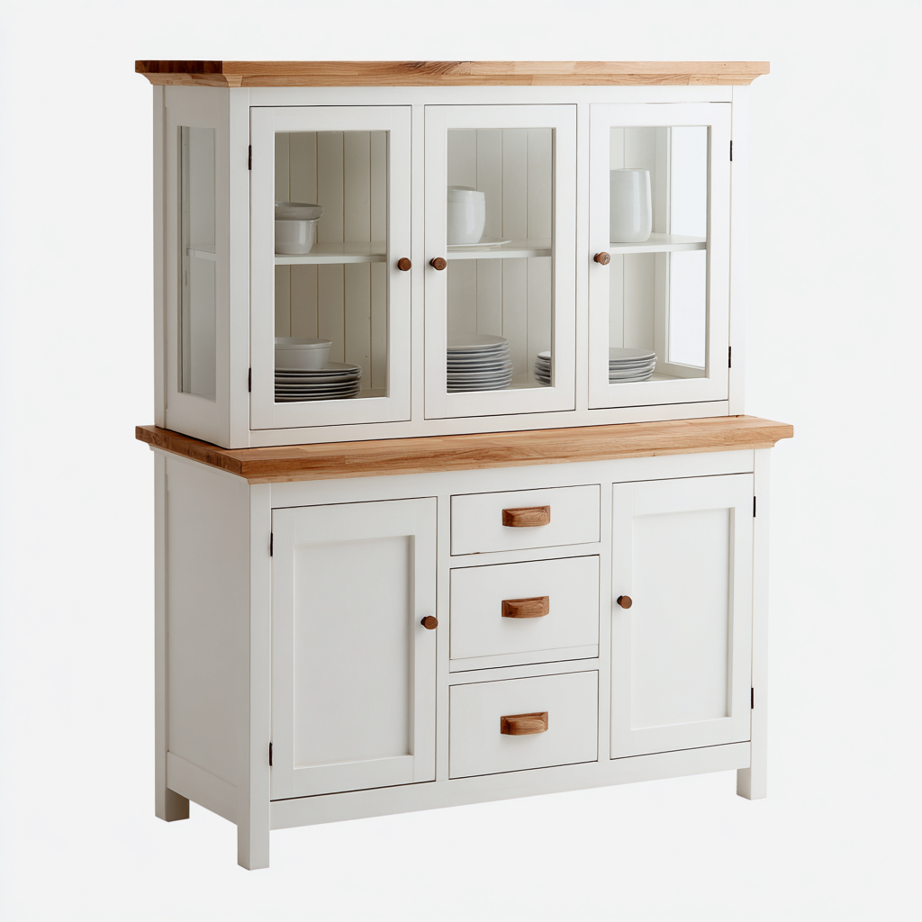 Meuble de rangement de cuisine - bois-verre - 125x45x190 cm - blanc-bois naturel - style campagne-Casagetlab