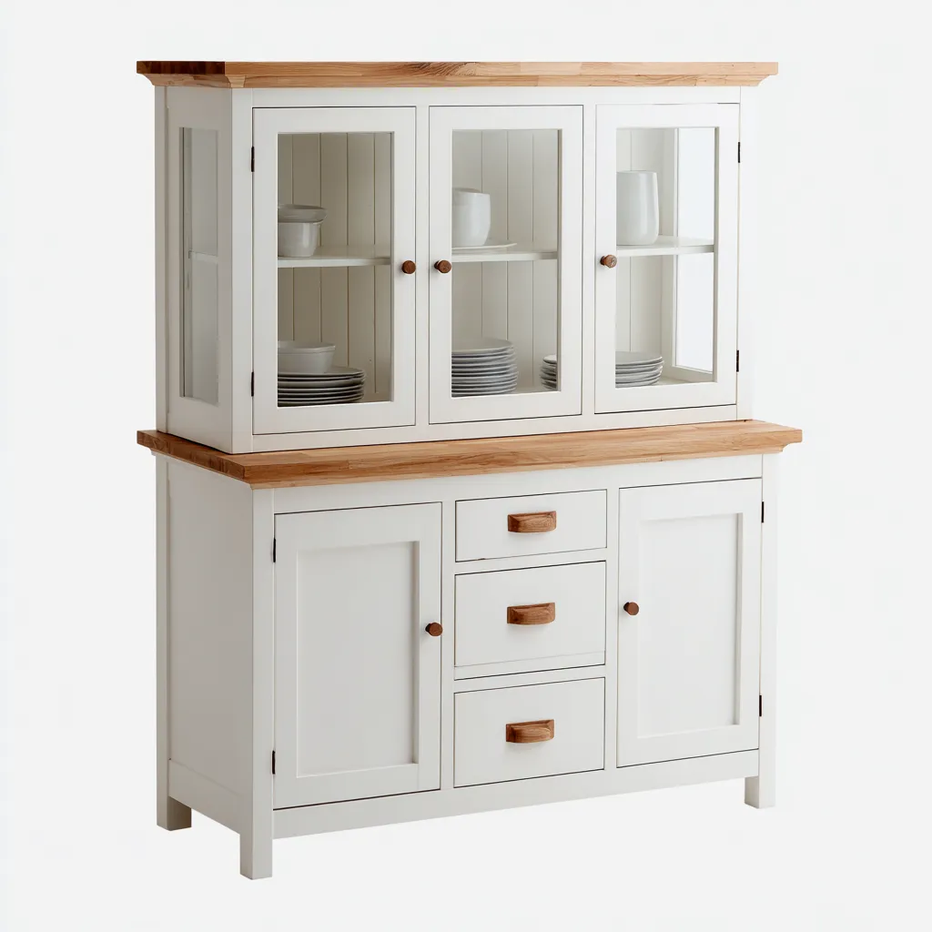 Meuble de rangement de cuisine - bois-verre - 125x45x190 cm - blanc-bois naturel - style campagne-Casagetlab