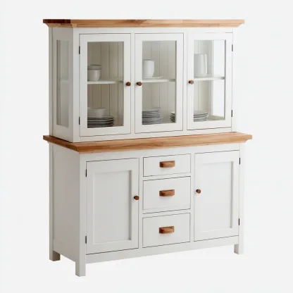 Meuble de rangement de cuisine - bois-verre - 125x45x190 cm - blanc-bois naturel - style campagne-Casagetlab