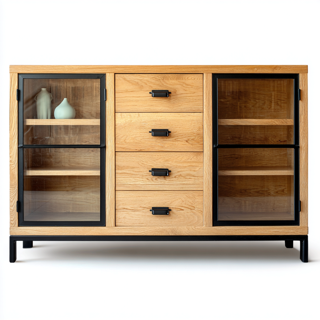 Vitrine-bois-verre-métal-140x40x90 cm-chêne-noir-style moderne-Casagetlab