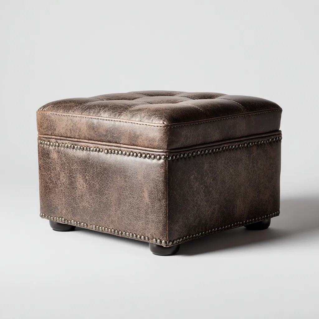 Pouf - cuir - 42x42x38 cm - marron - style vintage-Casagetlab