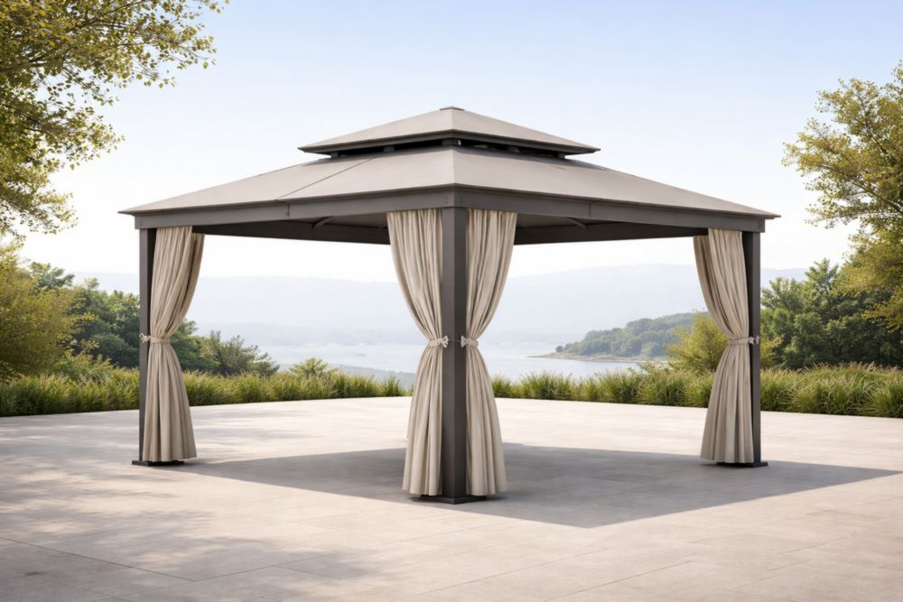 Gazebo da Giardino in Acciaio Grigio con Tende in Poliestere