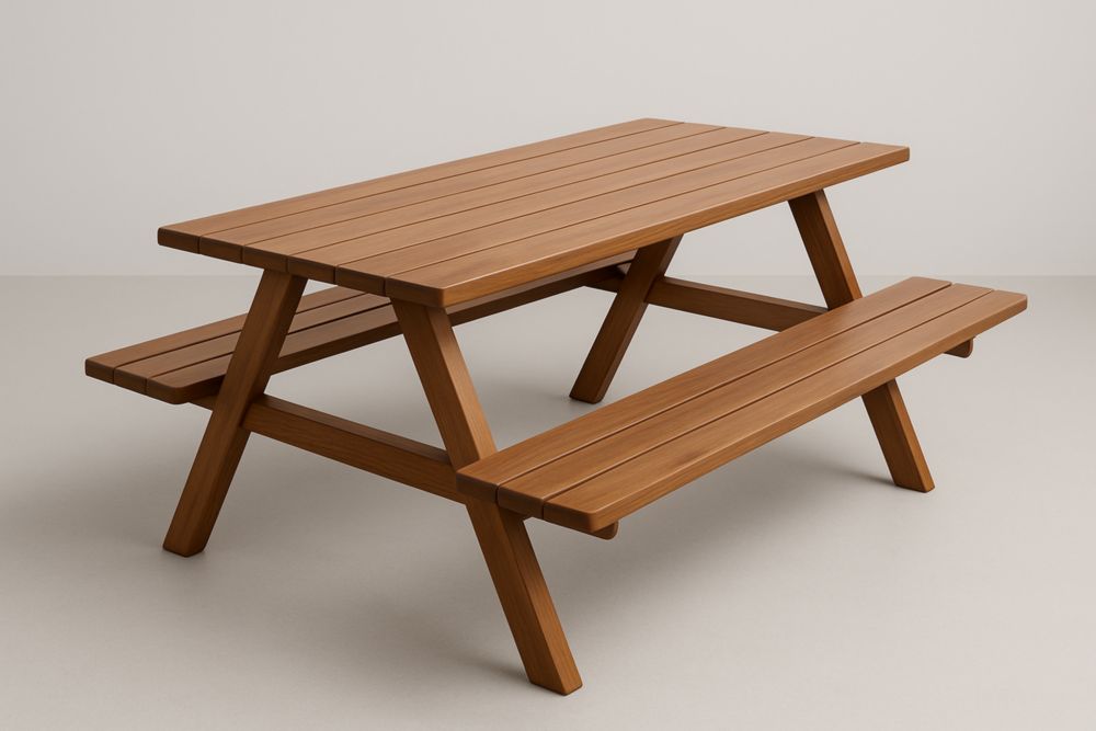 Tavolo da picnic in legno massello marrone con panche integrate
