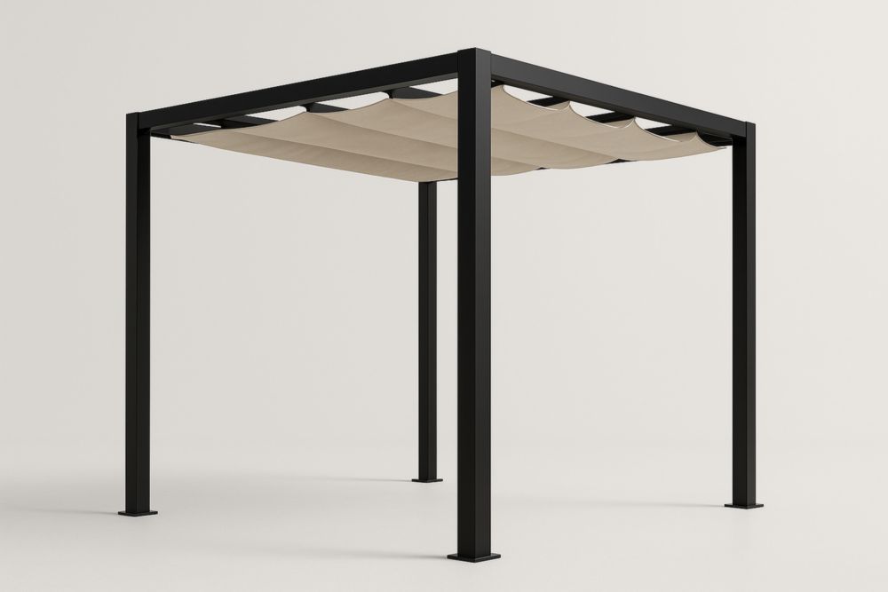 Gazebo da Giardino in Alluminio Nero con Tettuccio in Poliestere Beige