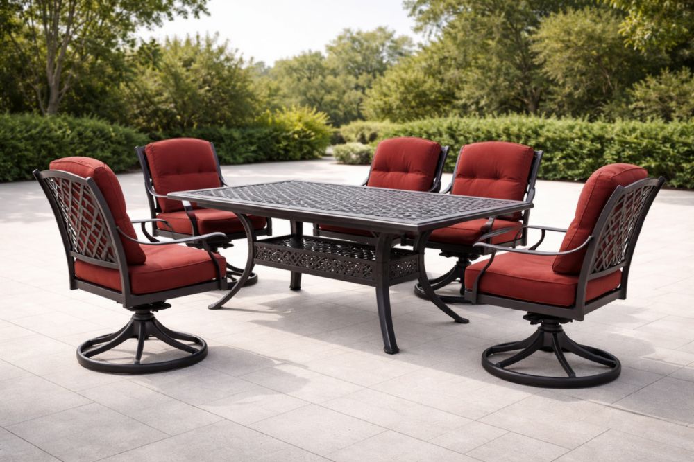 Set tavolo rettangolare in metallo nero con 5 sedie con cuscini rossi