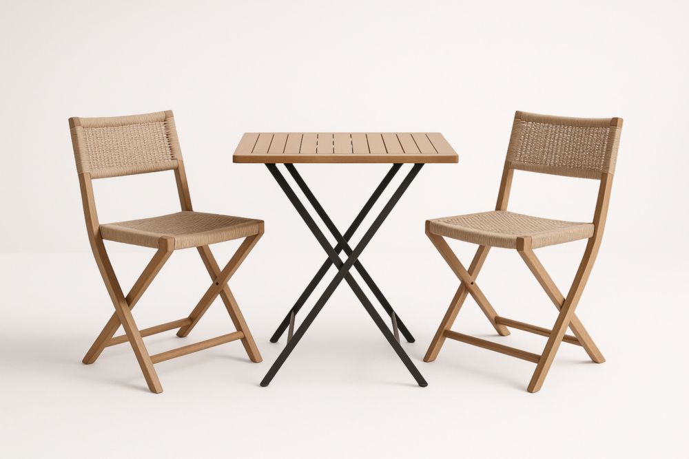 Set tavolo e sedie pieghevole in legno e corda, Naturale/Nero
