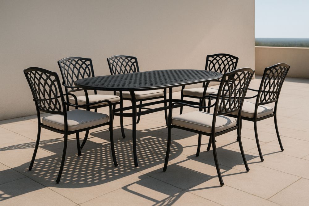 Set da Giardino in Alluminio Nero con 6 Sedie e Cuscini